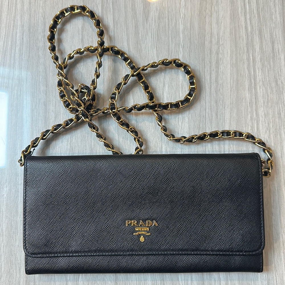 Prada Saffiano Metal Oro Chain Wallet Black